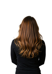Naklejka premium Rear view of a woman with long, wavy brown hair with highlights. Healthy hairstyle with balayage coloring, isolated on a transparent background.