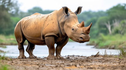 Naklejka premium Rare white rhinoceros stands by a river in natural habitat