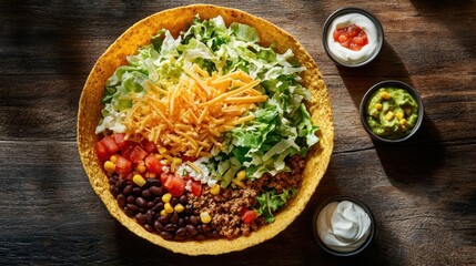 Taco salad bowl with gourmet Mexican ingredients including ground beef, black beans, corn, fresh lettuce and cheese served at upscale restaurant