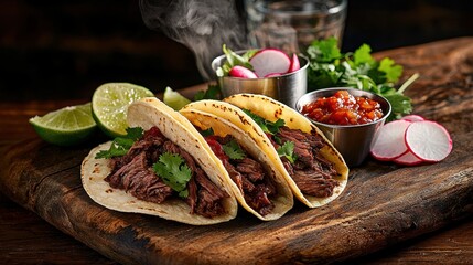 Beef barbacoa tacos arranged on textured wooden serving board featuring slow-cooked meat with salsa and fresh herbs
