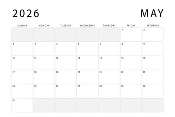 May 2026 calendar. Monthly planner template. Sunday start. Vector design