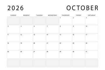 October 2026 calendar. Monthly planner template. Sunday start. Vector design
