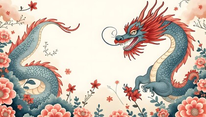 Fototapeta premium Chinese Dragon in Floral Garden: Mythical Creature Illustration