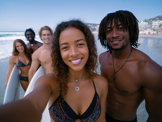 Group of diverse young adults smiling at the beach, holding surfboards, enjoying a sunny day by the ocean, capturing the essence of friendship and adventure