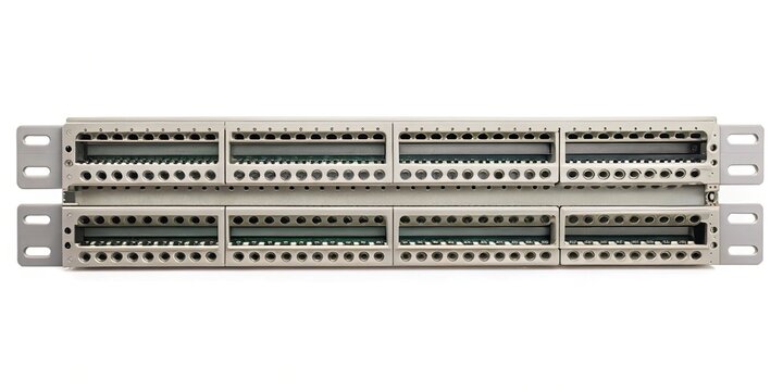 Close up of a network patch panel for connecting network cables