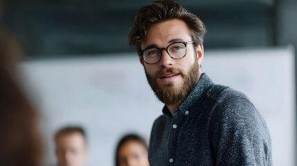 Marketing manager presenting campaign strategy to team in office
