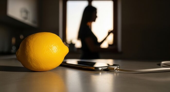 Lemon on table with charging smartphone and woman in background silhouette
