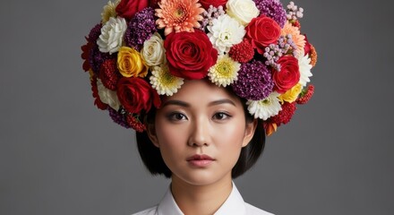 Asian female with floral headdress: colorful flower arrangement on gray background