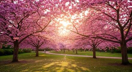 Naklejka premium Pink blossoms grace majestic trees in an inviting park on a radiant spring day, offering a tranquil scene.