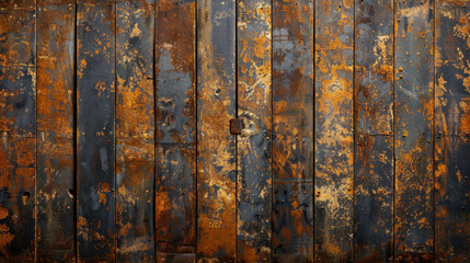 Aged door panels with layers of old lacquer and peeling paint create rustic and weathered appearance, showcasing blend of blue and orange hues that evoke sense of history and character