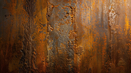 Fototapeta premium Aged garage wall made from rust streaked steel, showcasing rich texture and warm tones of orange and brown. surface displays intricate patterns of corrosion and wear, evoking sense of history