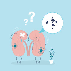 Kidney stone disease. Human kidneys anatomy inside and outside. Unhappy internal organ mascot characters. Medical concept of diseased urinary system. Kidney infection, stones