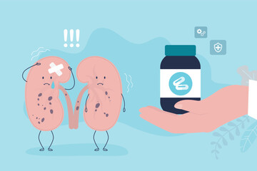 Kidney stone disease. Internal organ mascot character asks for help. Doctor hand give vial with drugs for human kidneys. Medical concept of diseased urinary system.
