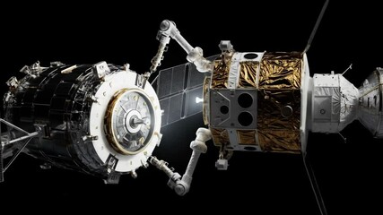 Two Spacecrafts Docking in Dark Space Displaying Solar Panels Futuristic Design and Robotic Arm - Powered by Adobe