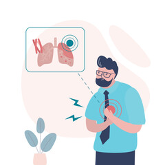 Sick man, Tuberculosis symptoms. Fever, chills, loss of appetite, chest pain, coughing up blood. Sickness lungs. Health care concept.