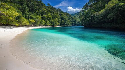 Serene Tropical Lagoon: Turquoise Waters Meet White Sand Beach, Lush Green Foliage