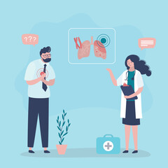 Sick man talking phthisiatrician doctor about tuberculosis symptoms. Fever, chills, loss of appetite, chest pain, coughing up blood. Sickness lungs. Health care concept