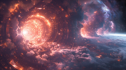 Fototapeta premium Cosmic vortex glowing through space. A radiant, fiery tunnel pierces the clouds above a planetary horizon. Ideal for sci-fi book covers, cinematic backgrounds, or concept art.