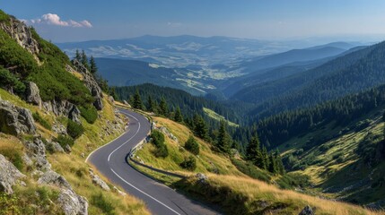 An enchanting view of a winding road atop a mountain pass, with breathtaking valleys on either side and a clear blue sky, perfect for road trip enthusiasts.