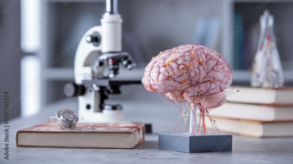 Poster an image of a brain model with various neurological connections highlighted, placed on a desk with e