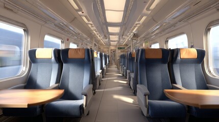 An interior view of a high-speed train cabin, showing rows of comfortable seats, large windows, and passengers relaxing during the journey.