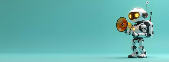 AI Robot Assistant Speaking Through Megaphone with Left Side Copy Space – Futuristic Communication Concept