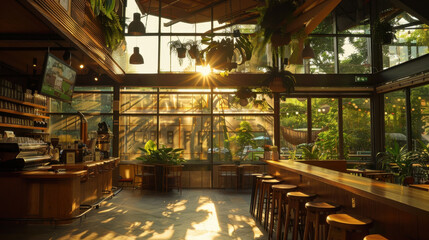 Bright and airy cafe interior with large windows, showcasing sunlight streaming through plants, creating warm and inviting atmosphere. Perfect for relaxation and socializing