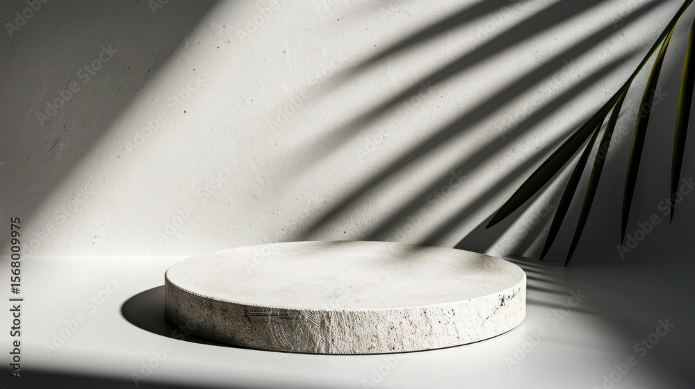 Wall mural clean circular platform with hard shadow on bright white surface, complemented by soft shadows from 