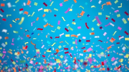 Fototapeta premium Colorful confetti captured mid-air against a solid blue, evoking lively celebration energy.
