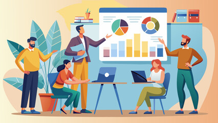A business team presenting data with charts and graphs