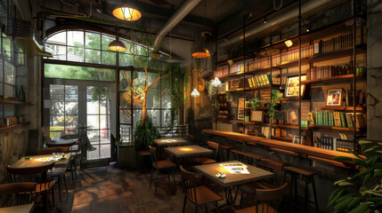 Cozy reading nook inside quiet cafe with soft lighting, wooden furniture, and bookshelves filled with books, creating warm and inviting atmosphere for relaxation and enjoyment