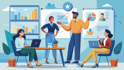 Team discussion with charts in modern office setting