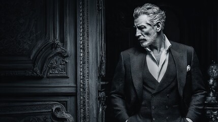Naklejka premium Stylish mature businessman in classic formal suit with vintage interior in black and white representing elegance and power