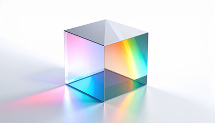 Colorful Glass Cube Prism Reflecting Light on White Background