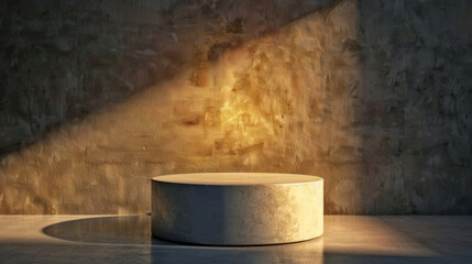 Minimalistic cylindrical podium illuminated by soft light, casting gentle shadow on textured wall. warm tones create serene atmosphere, perfect for showcasing products or art