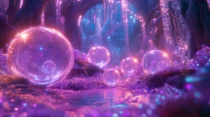 A fantasy cave scene with glowing orbs.