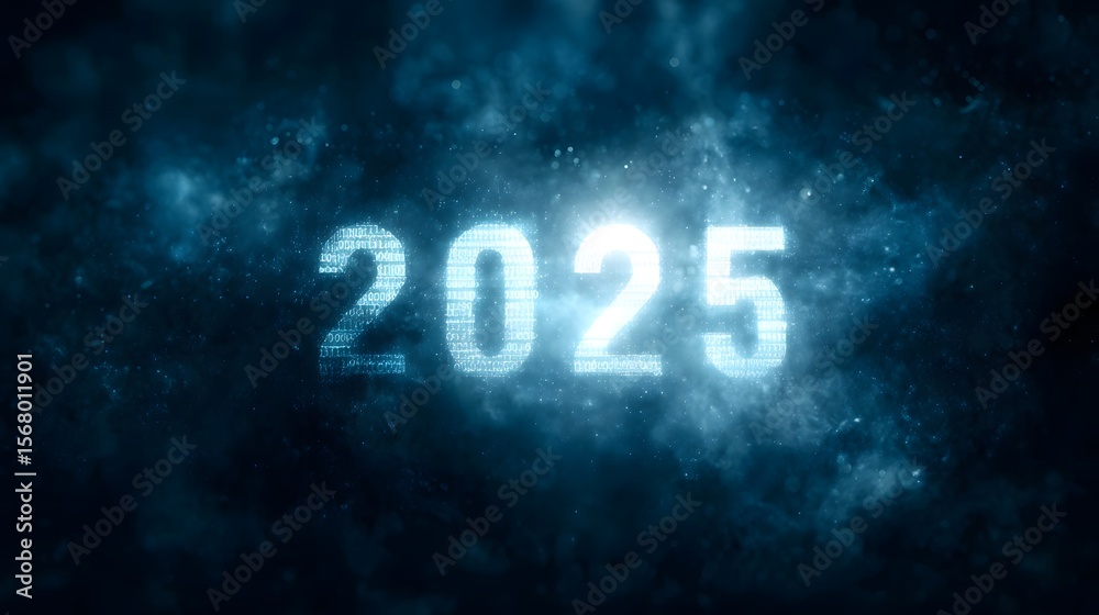 Sticker futuristic digital hologram displaying the transition from 2025 to 2026