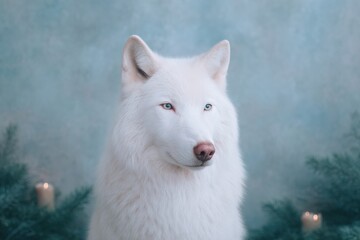 Fototapeta premium Majestic white wolf gazes with piercing blue eyes in serene winter setting