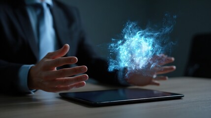 Businessman with glowing blue holographic energy effect above tablet representing modern technology innovation and power