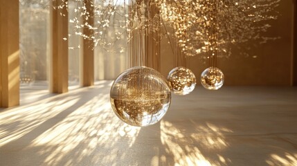 Suspended glass orbs illuminated by sunlight.