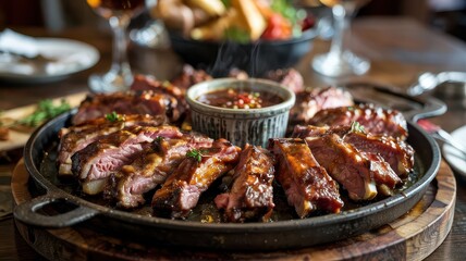 Whiskey glazed ribs sliced and arranged on cast iron skillet with dipping sauce, restaurant table setting with warm lighting and bokeh background