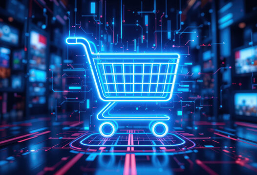 &Iacute;cono de carrito de compras de ne&oacute;n, interfaz de comercio digital, flujos de datos brillantes, entorno de comercio minorista cibern&eacute;tico, fondo abstracto de alta tecnolog&iacute;a