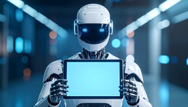 Realistic AI robot in a sleek white-and-silver design, facing the camera and holding a transparent holographic screen displaying a message