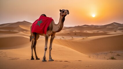 Camel in moroccan desert with flag celebrating independence day at sunset