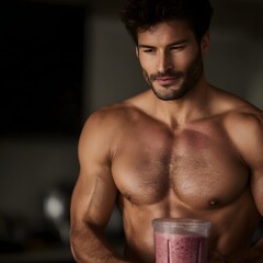 Fototapeta premium Fit man mixing protein smoothie in at home