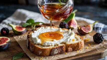 Honey drizzle pouring from glass dipper onto sourdough toast with ricotta cheese surrounded by fresh figs and blackberries on wooden board