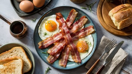 Crispy bacon strips arranged in star pattern with sunny-side up eggs on blue ceramic plate with fresh herbs and breakfast bread on rustic wooden table