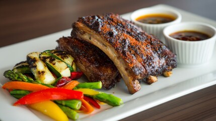 A beautifully plated dish of pork ribs with a spicy rub, served with a side of grilled vegetables and a tangy dipping sauce, set against a modern dining backdrop.