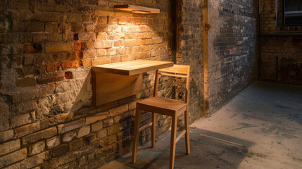 Modern floating desk mounted on brick wall, accompanied by wooden chair, creating cozy workspace atmosphere. warm light adds touch of comfort to industrial setting