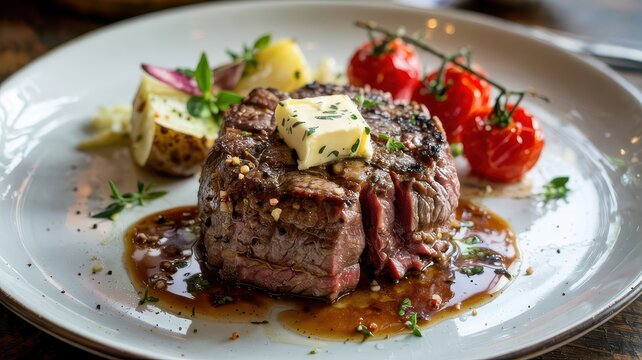 Garlic butter steak filet mignon with herb compound butter on white plate with roasted potatoes and cherry tomatoes